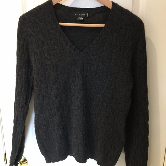 Charcoal grey cable knit cashmere V-neck, size M - Picture 2 of 5